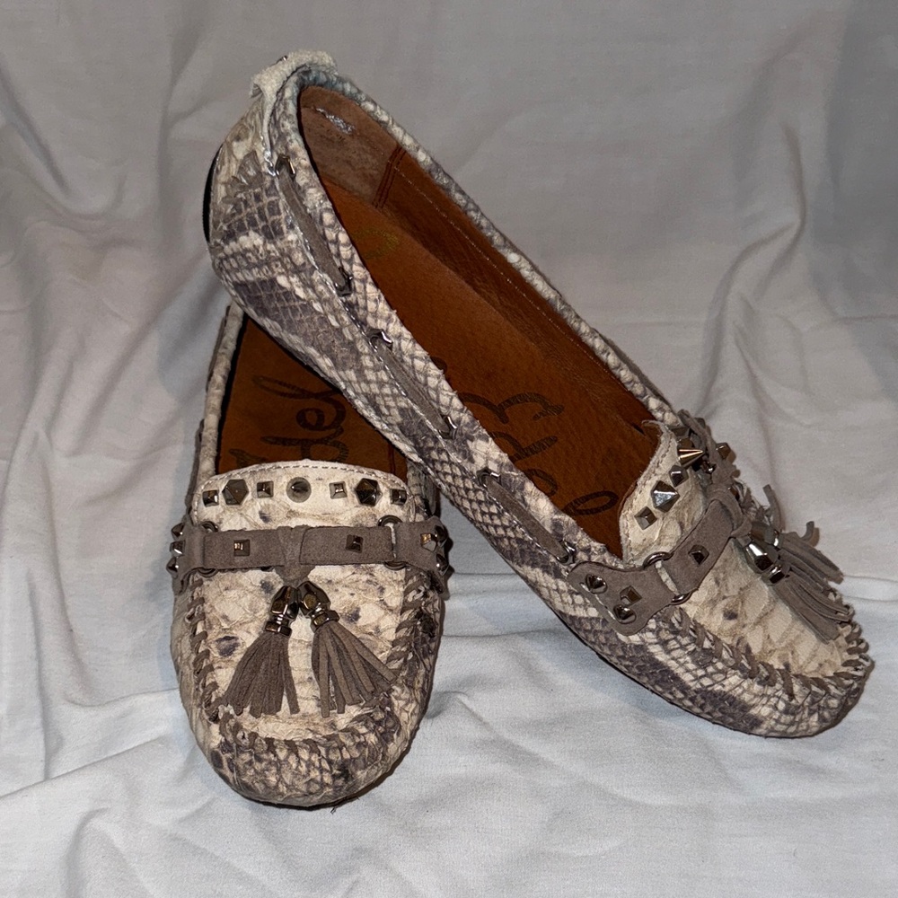 Sam Edelman Gray Snakeskin Moccasins with Tassels